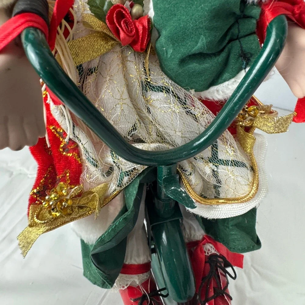 Vintage Porcelain Christmas Doll on Tricycle Red Velvet Gold Glitter 16‎ inch